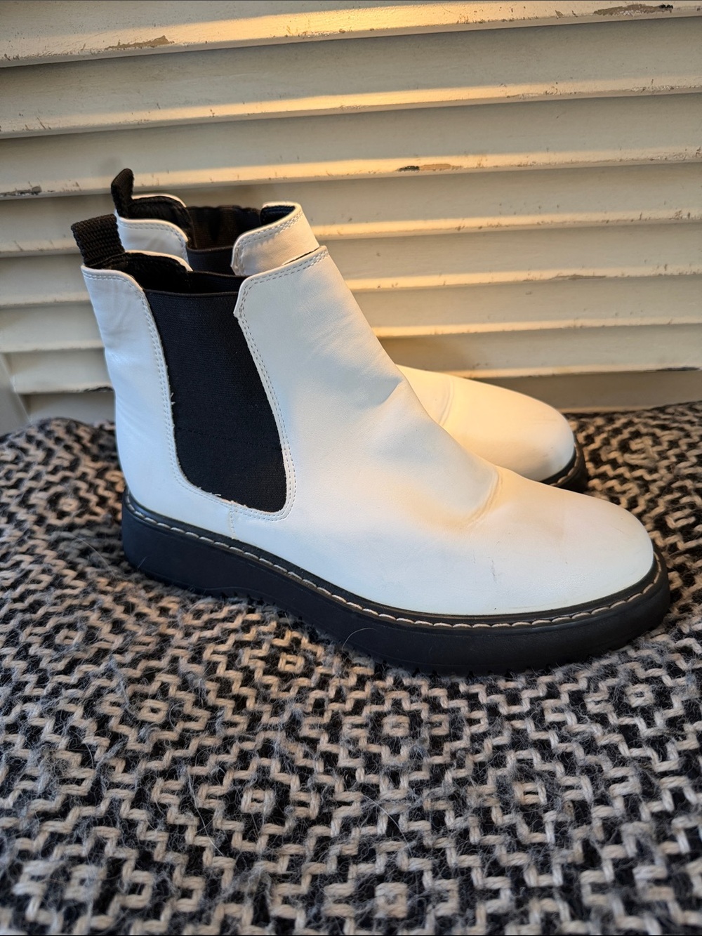 Madden Girl White Chelsea Ankle Boots with Black Elastic Panels